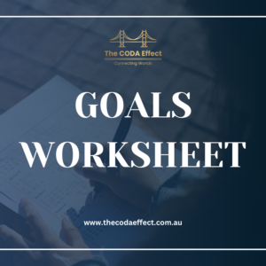The CODA Effect Goals Worksheet cover featuring a person writing on paper, designed for goal setting and personal development.